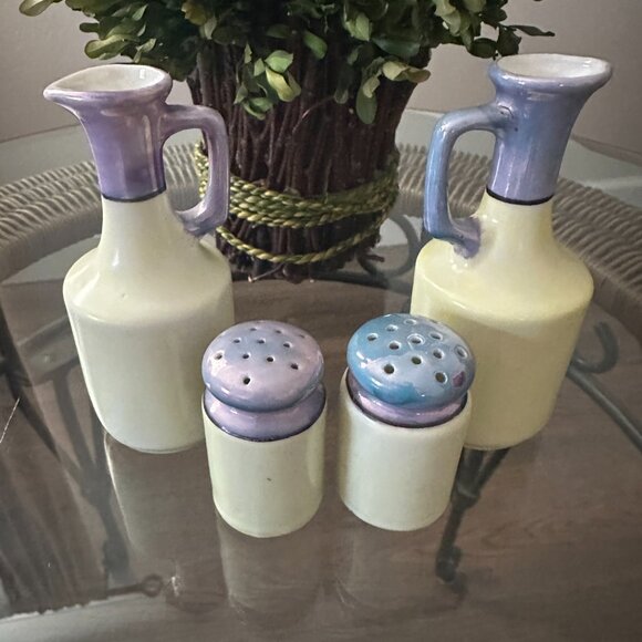 Lusterware Vingar&Oil Creuet Salt&Pepper Set Periwinkle Flora Motif Japan 1930's - Picture 4 of 5